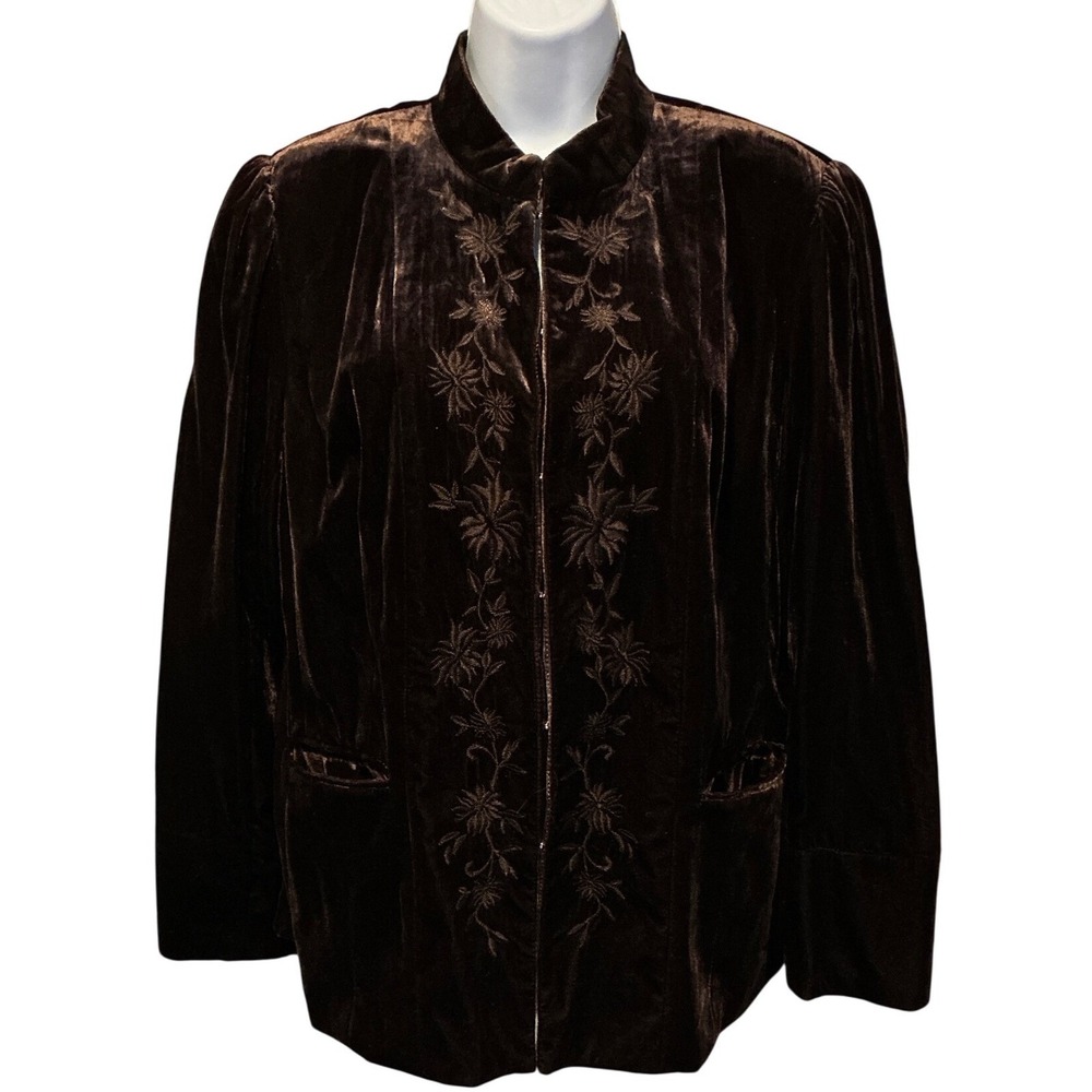 Velvet Brown Kimono Jacket Est. Sz XL Mandarin Collar Hook-Front Boho-Luxe Chic